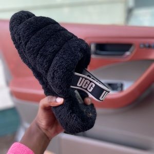Black Ugg Fluff Yeah Fur Slippers